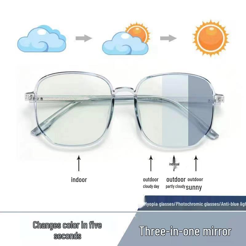Women's Anti-Blue Light Photochromic Myopia Glasses: Trendy Large Frame, Slimming, Gray-Tint.