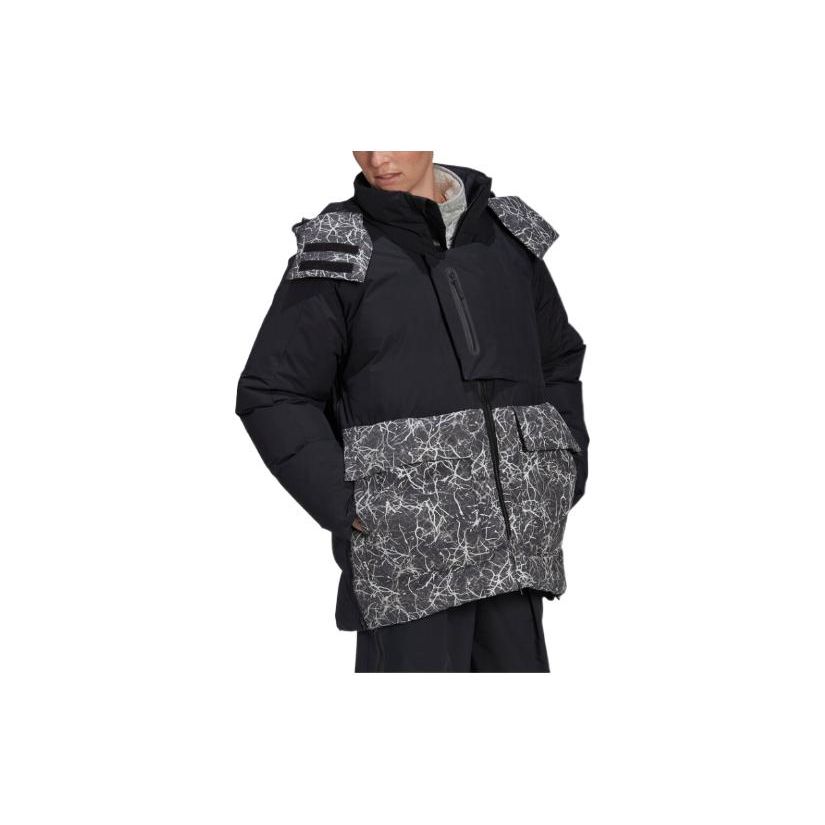 adidas Patchwork Pattern Zip-Up Stand Collar Hooded Down Jacket Women Outerwear Black HN6941