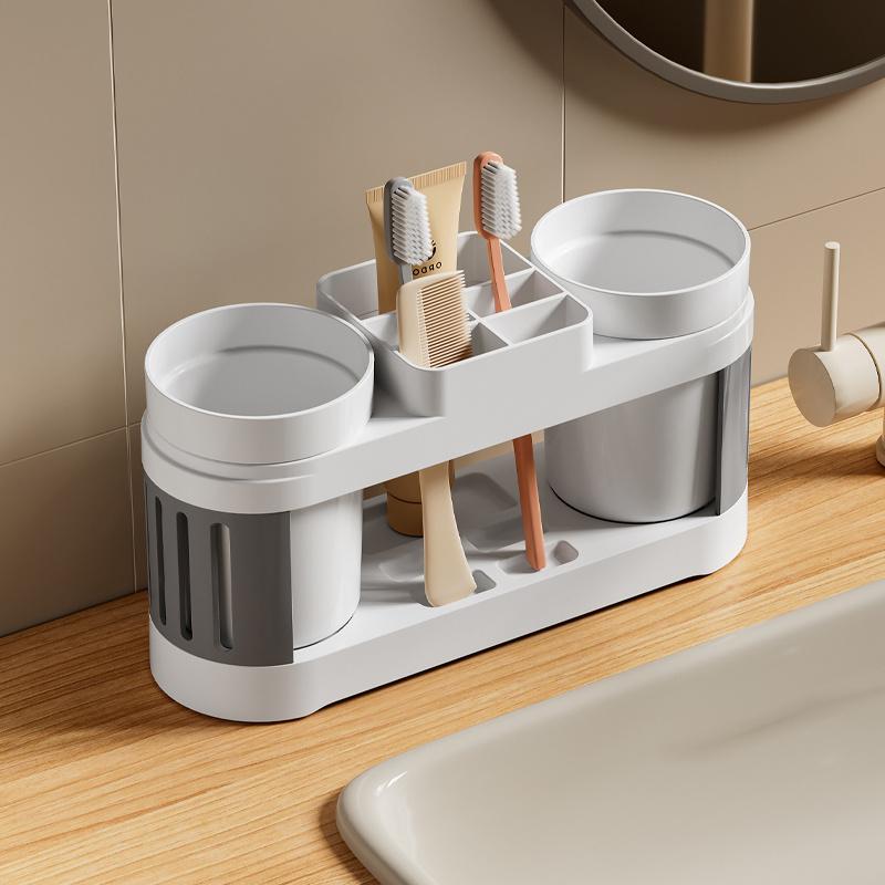Modern Plastic Toothbrush Holder with Cups Mounted Bathroom Organizer for Couples Non-Electric Toothbrush and Mouthwash Cup Set