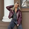 Women's Retro Burgundy Leather Motorcycle Jacket, 2024 Autumn European & American Fashion Matte Coat