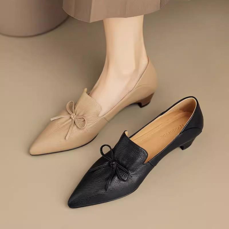Design Plus Size 42 Office Lady Elegant Black High Heel Single Shoes Women's Pointed Toe Mid Heels New Leather Retro Pumps