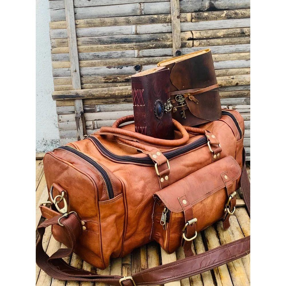 Leather Brown Gym Duffel Travel Luggage Men's Bag Vintage Handmade Leather Bag  ( Free Leather 2 Diary Size - 7 X 5 In )