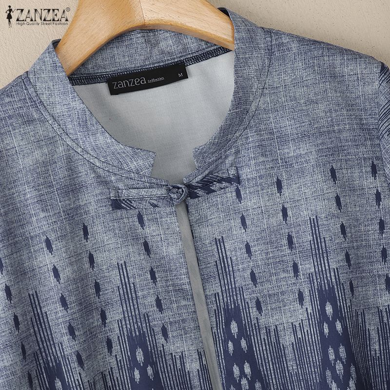 ZANZEA Women Ethnic Print Casual Stand Collar 3/4 Sleeve Cardigan Blouse