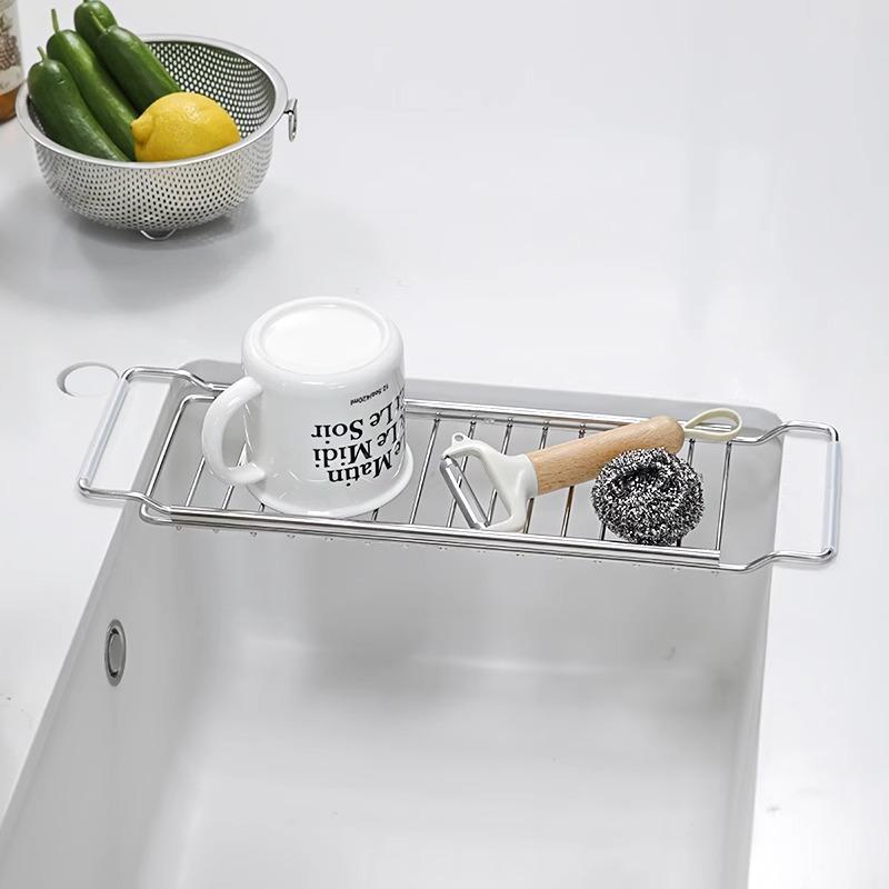 Stainless Steel Telescopic Sink Organizer - Multi-Purpose Drainage Rack for Dishes, Fruits, Vegetables and Dishcloths