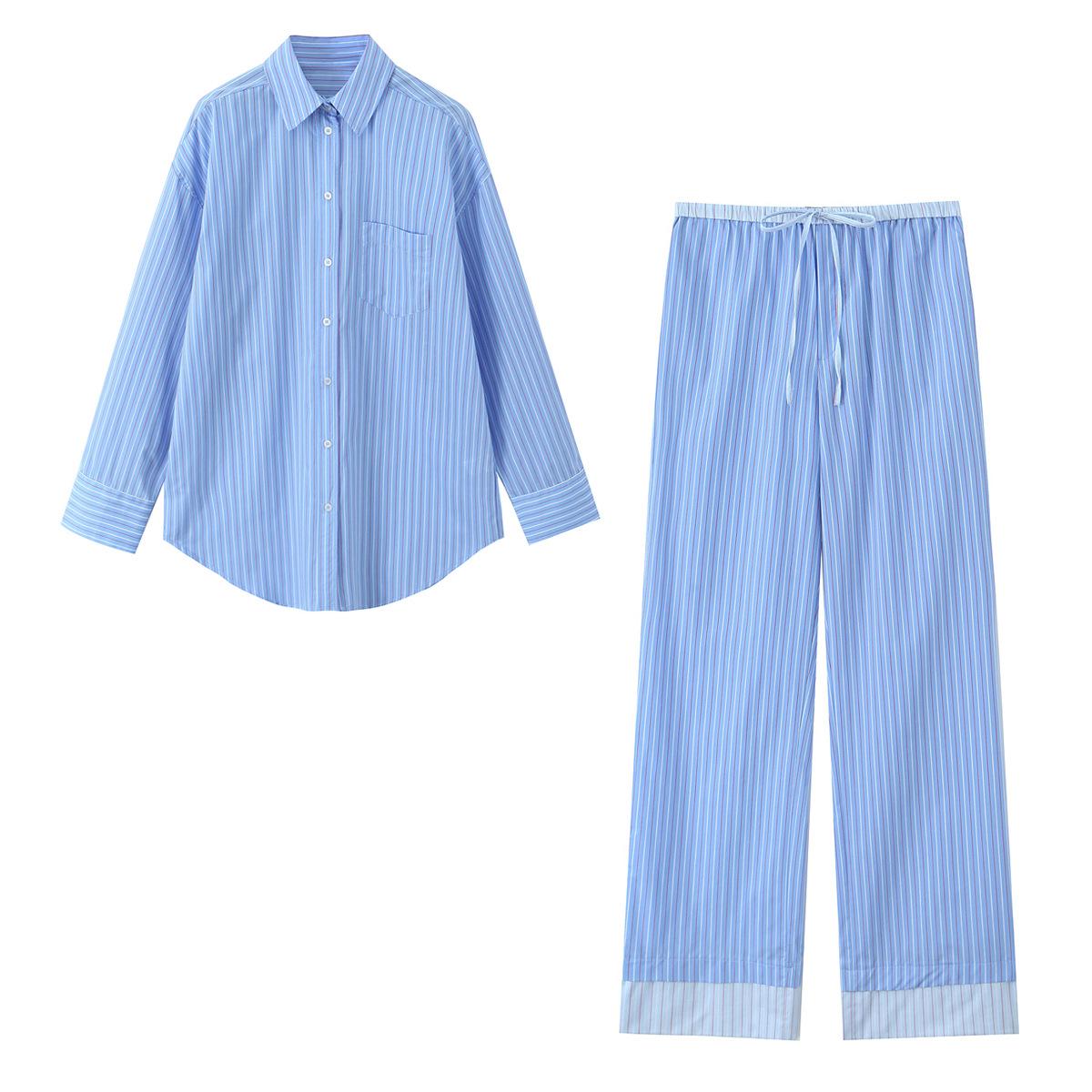

2025 Spring Women s Striped Long-Sleeve Shirt and Pants Set with Lapel Collar Extra Small