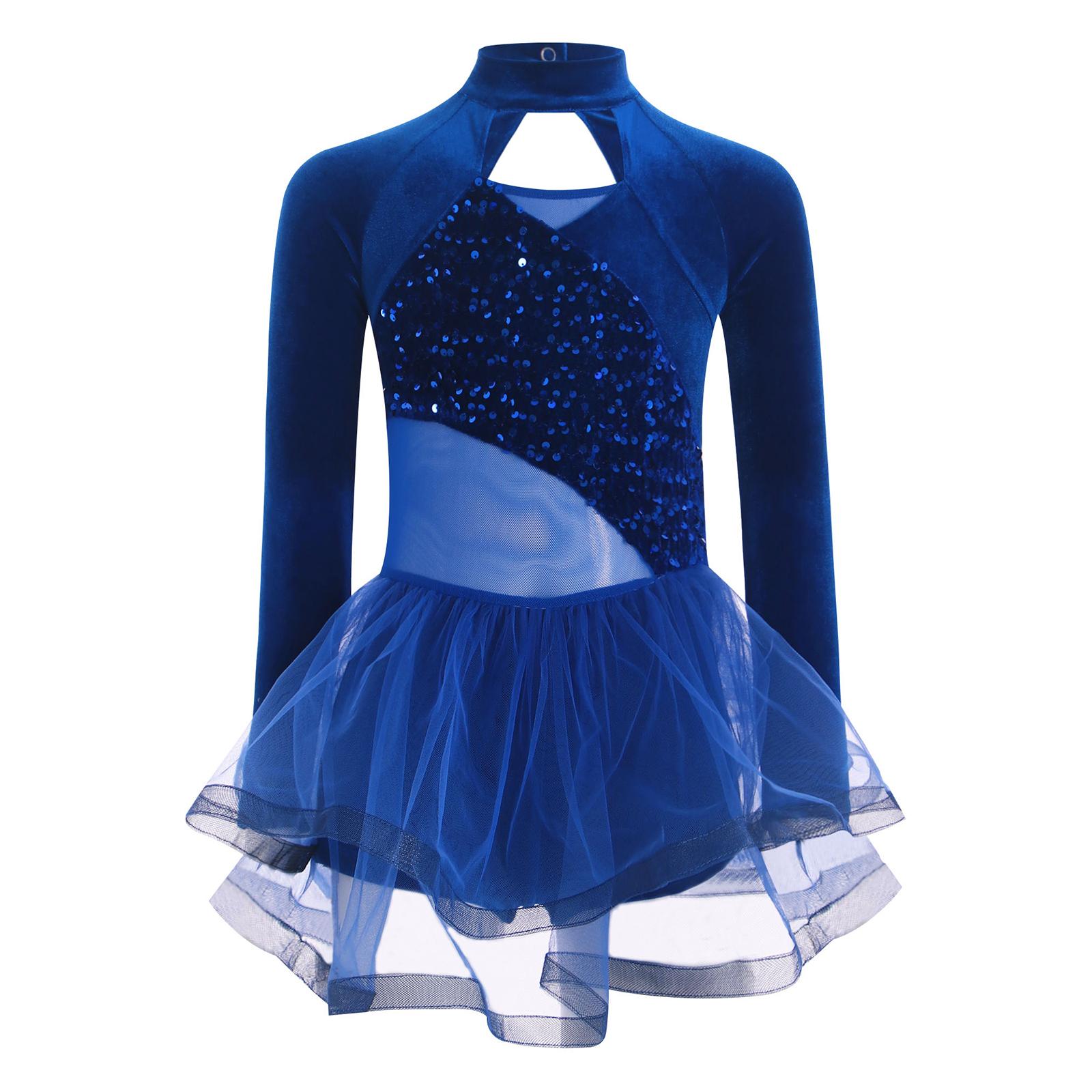 

Girls Sparkling Sequins Dance Dress Mock Neck Long Sleeves Velvet Elegant Tutu Skirt for Performance 5-6 Years синій