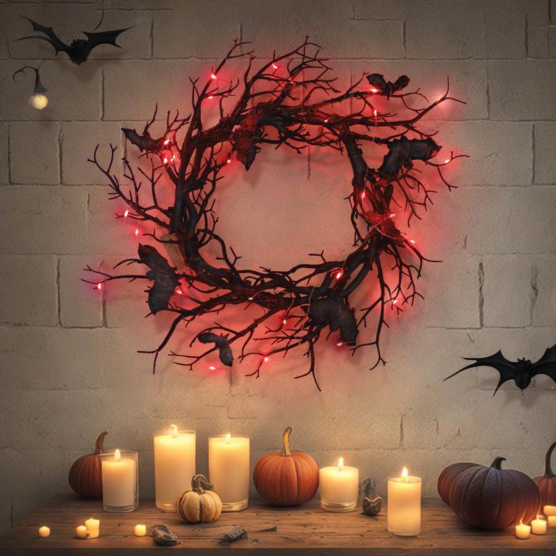 Halloween Künstlicher Kranz Fledermaus Schwarze Zweige Kränze Kranz für Haustür mit LED-Licht Fenster Heimdeko Halloween Dekoration