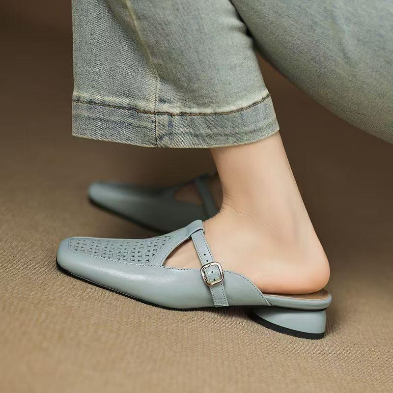Skinny and Tall Retro Baotou Half Slippers Women's Summer Wear Thick Heels and Inner Height Increase One Pedal Woven Breathable Sandals
