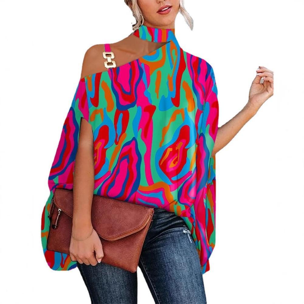 Blusa Casual da Donna con Scollo all'Americana, Spalle Scoperte, Maniche Corte a Pipistrello, Stampa Raso, Orlo Asimmetrico