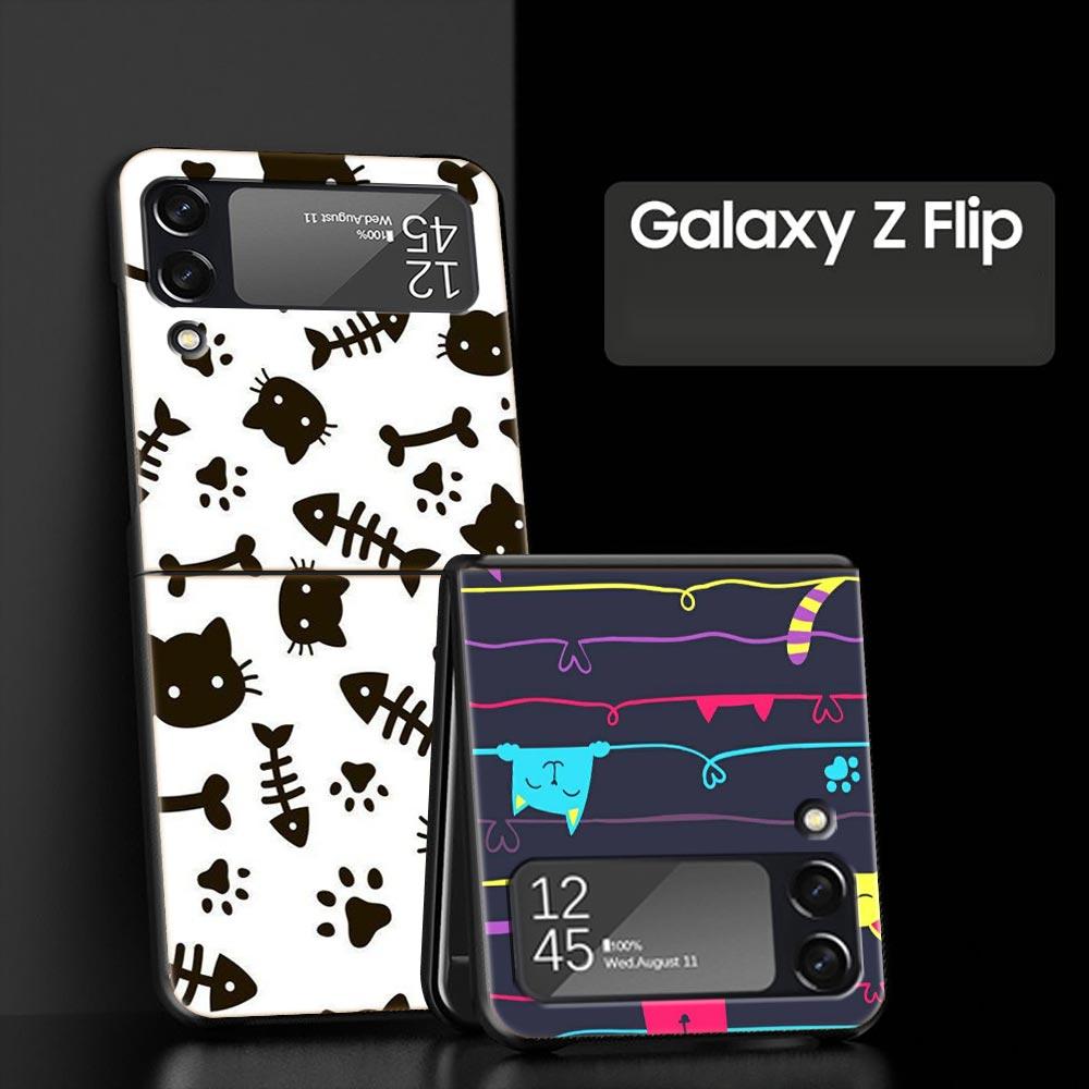 Abstract Creative Cute Cat Line Pattern Hard PC Phone Case For Samsung Galaxy Z Flip 7 6 5 4 Black Cover For Galaxy Z Flip 3 Bag