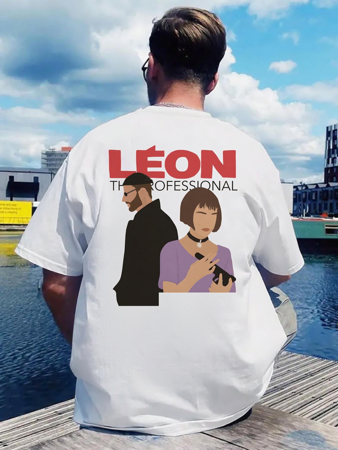 Casual Short Sleeve T-shirt with LEON Graphic Print - Polyester Crew Neck XL