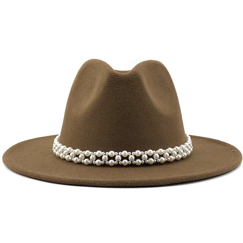 Woolen Hat Elegant Fashion Pearl Woolen Hat British Style Jazz Hat Big Brim Hat Women's Autumn and Winter Top Hat