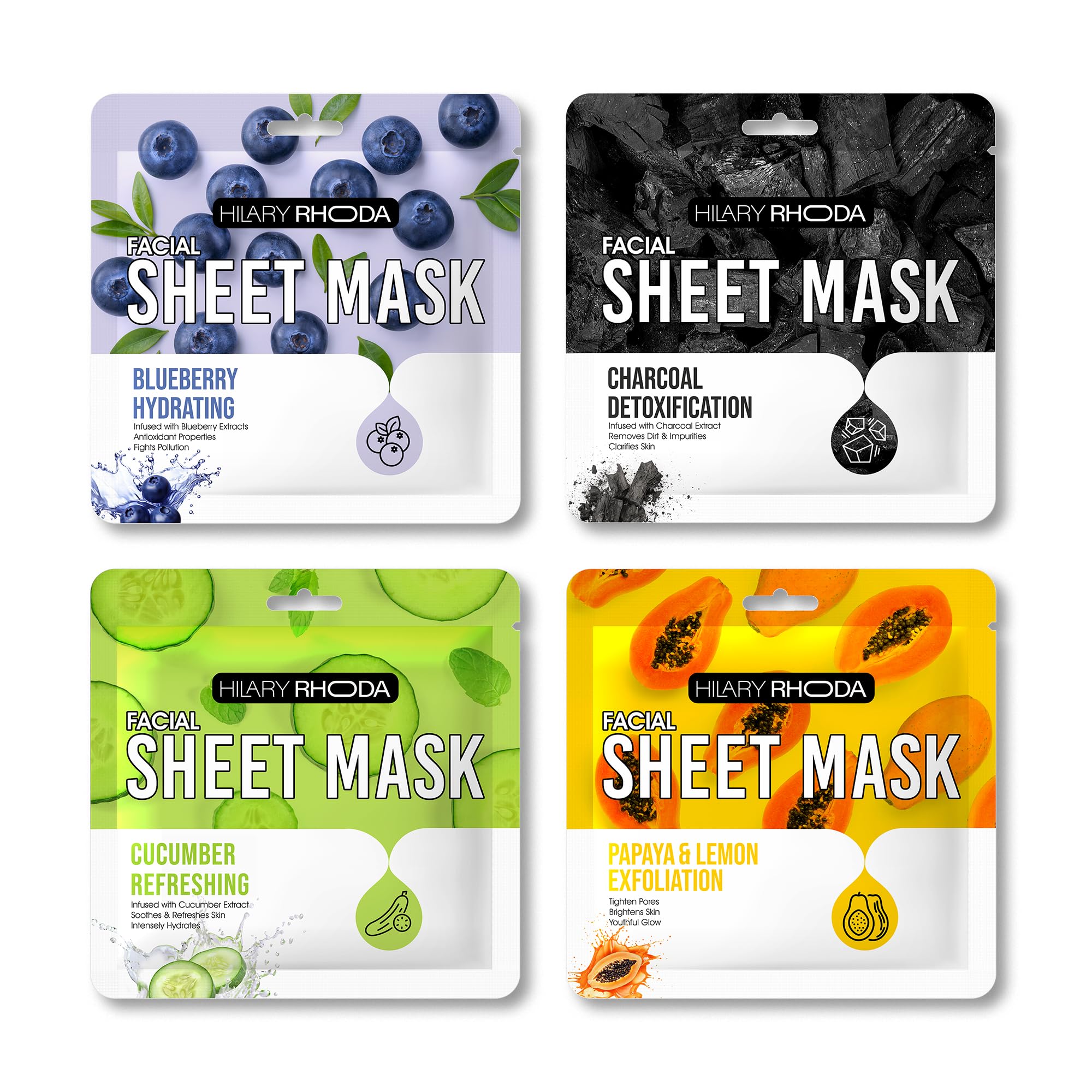 Hilary Rhoda Facial Sheet Mask | Hydrate, Detox, Brighten & Exfoliate | 4 Unique Masks for All Skin Needs | Suitable For All Skin Types | 20 Gm X 4