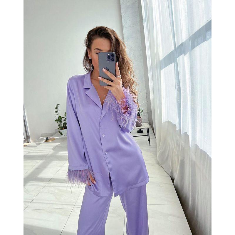 

Fashion Wind Feather Long Sleeve Trousers Suit Loose Fashion Home Wear Feather Top Trouser Set Purple S