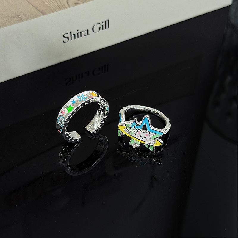 Sweet Sister, Childlike Fun, Colorful Stars, Cat Planet, Enamel Color, Open Ring, Niche Stacking, Wearing High-End Rings, Woman