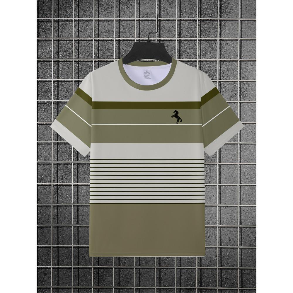 Men's Fashion Striped Patchwork 3D Print Short Sleeve - Casual Round-neck Stripes Design, Machine Washable, Suitable for All Seasons and Versatile