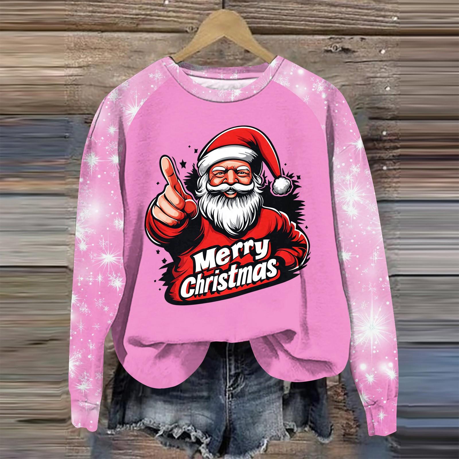 

Женская мода круглый вырез пуловер с глубокими рукавами футболка с рождественским принтом топ L розовый