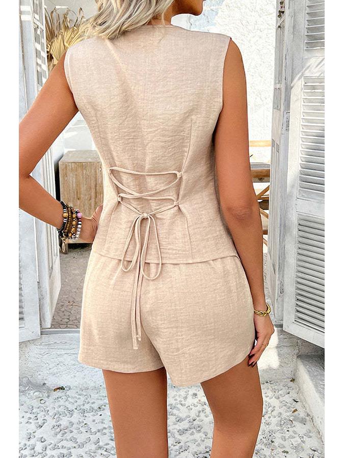 Sommer 2025 V-Ausschnitt Unregelmäßiges Weste & Shorts Set für Europa und Amerika