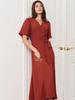 Elegant V-Neck Summer Evening Dress with Cinched Waist and Slit, Short Sleeve