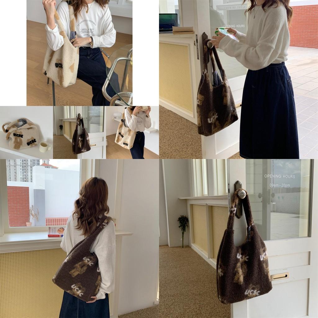 Stylish Plush Teddy Bear Tote Bag Soft Lambswool Large Capacity Everyday Purse