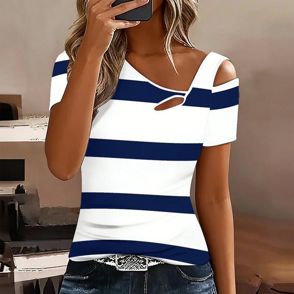 Women Flower Pattern Print Cold Shoulder Short Sleeve T Shirt Irregular Cutout Neck Casual Summer Blouse Top