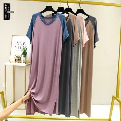 Summer Loose Fit Modal V-Neck Dress with Short Sleeves and Side Slits