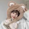 Cute letters bear ears hat scarf integrated female winter student warm fleece thickened two-piece set