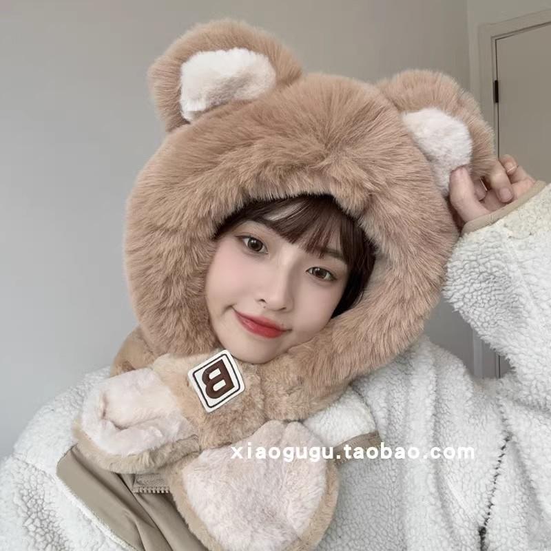 Cute letters bear ears hat scarf integrated female winter student warm fleece thickened two-piece set
