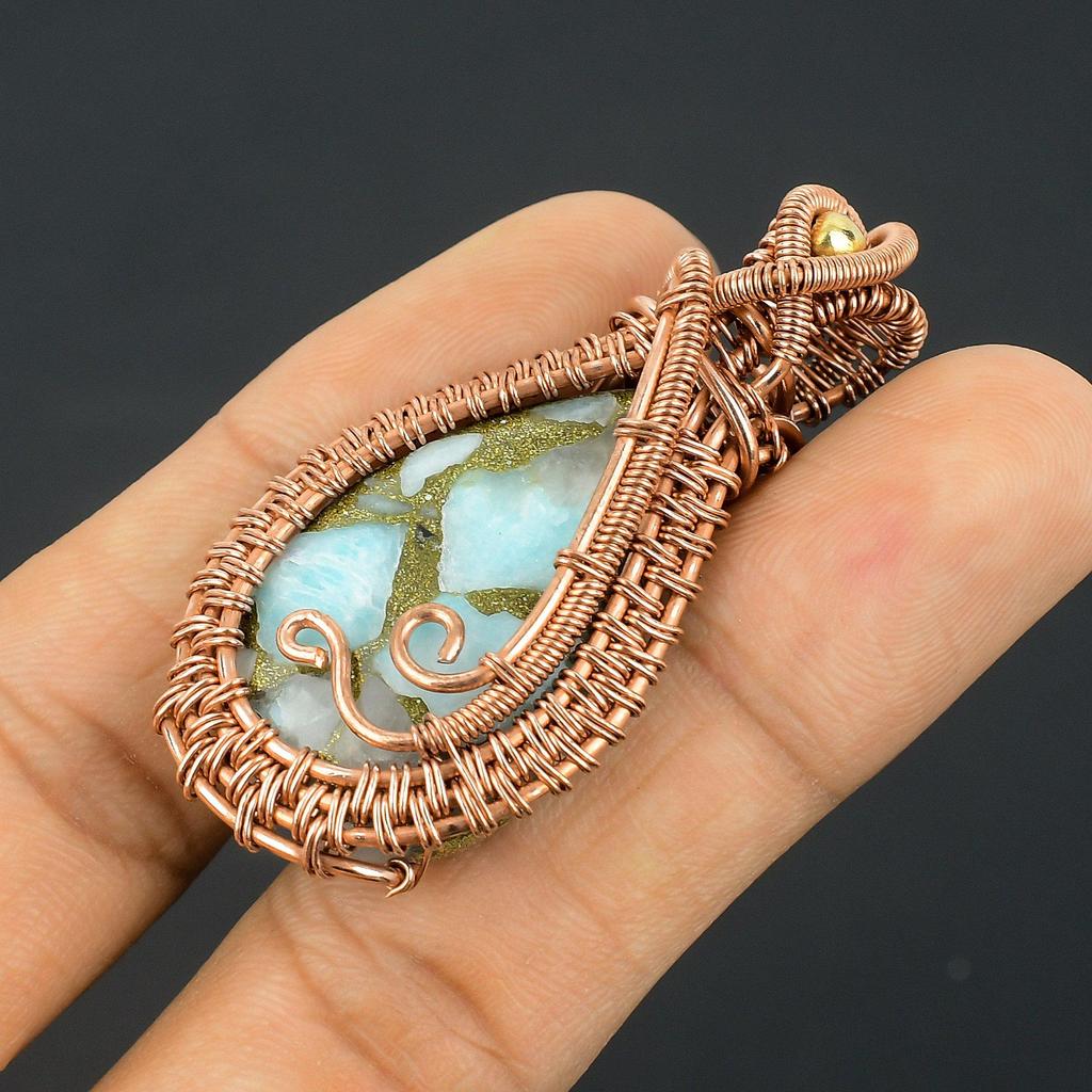 Copper Larimar Pendant Gemstone Handmade Jewelry, 999 Copper Wire Wrapped Pendant, Gift For Wife Jewelry