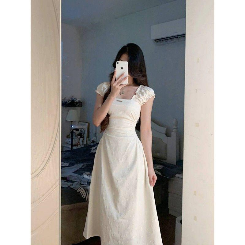 French Square Collar New First Love Pure Collar Apricot White Dress Waist Shows Figure Skirt Summer Waist Length