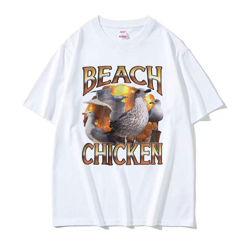 Funny Beach Chicken Seagull Humor Style T-shirt Fashion Trend Meme Graphic Tee Shirt Men Women Cotton O-Neck T Shirt