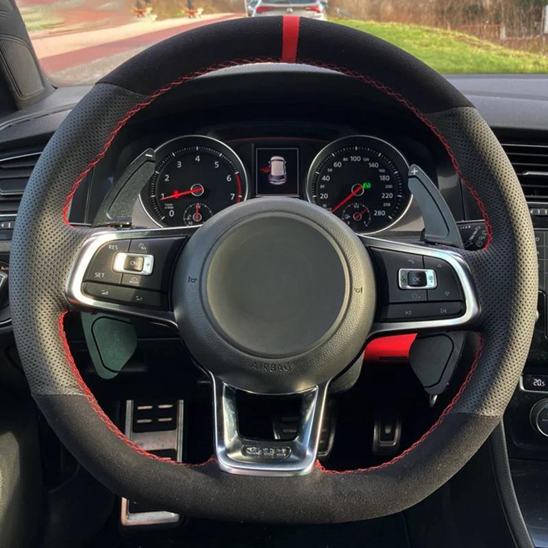 

Для Volkswagen Golf 7 MK7 GTI R VW Polo Scirocco 2015 2016 Черная кожа замша Чехол на руль автомобиля Red Blue Thread