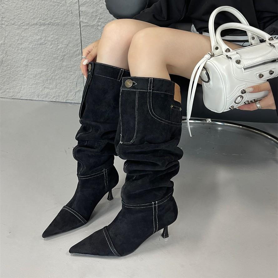 French Pointed High-heeled Western Cowboy Boots Women's Autumn and Winter New Models But Knee Women's Boots Trend Stacking Boots Fashion Boots