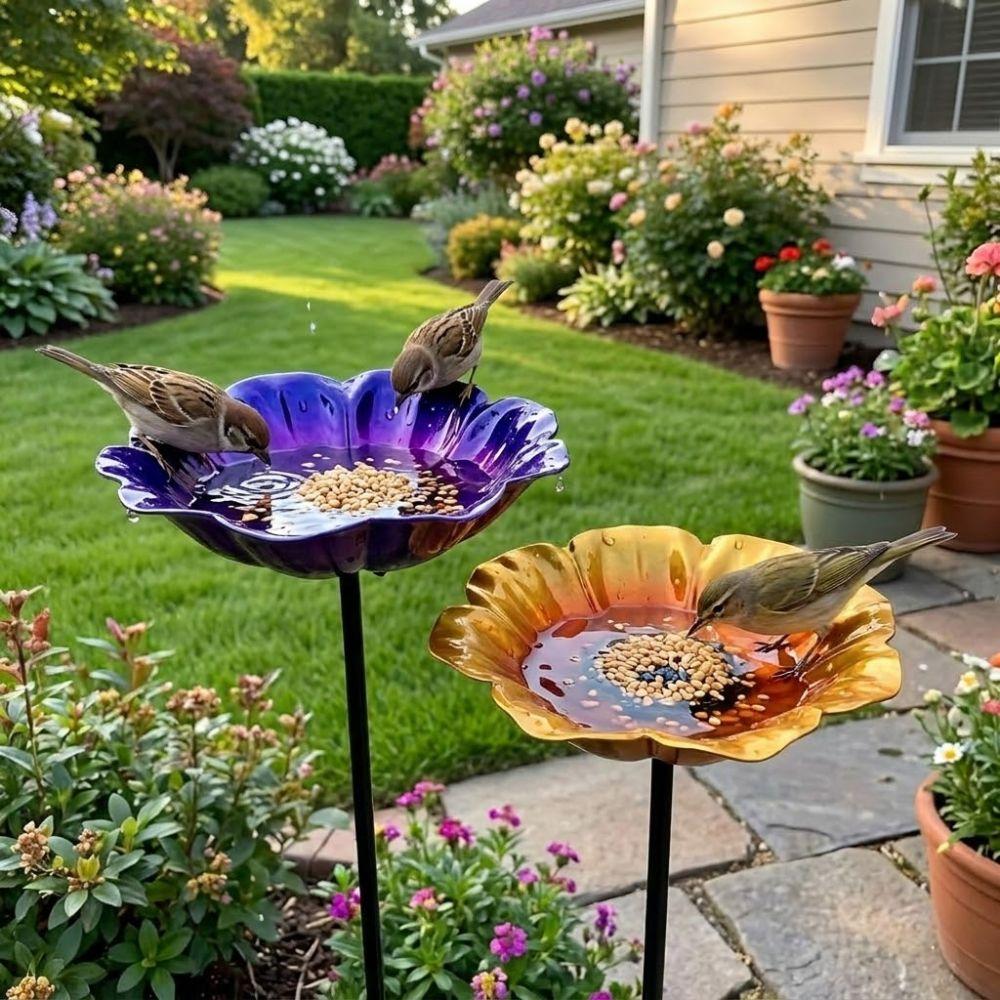 Handmade Metal Garden Bird Feeder Flower Shape Outdoor Bird Bath Bird Bath Stake  Garden Patio