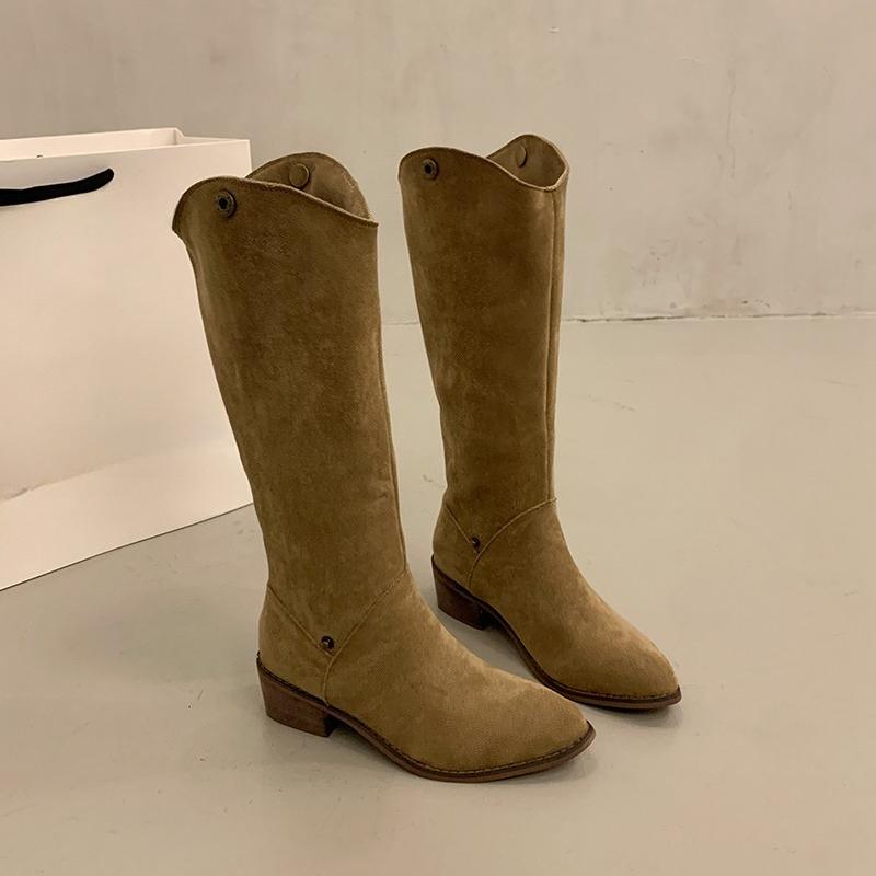 Fashion Tall Fashion Boots Women's Fashion Pointed Toe Suede Sleeve Studded Non-Slip Wear-Resistant Block Heel Shoes
