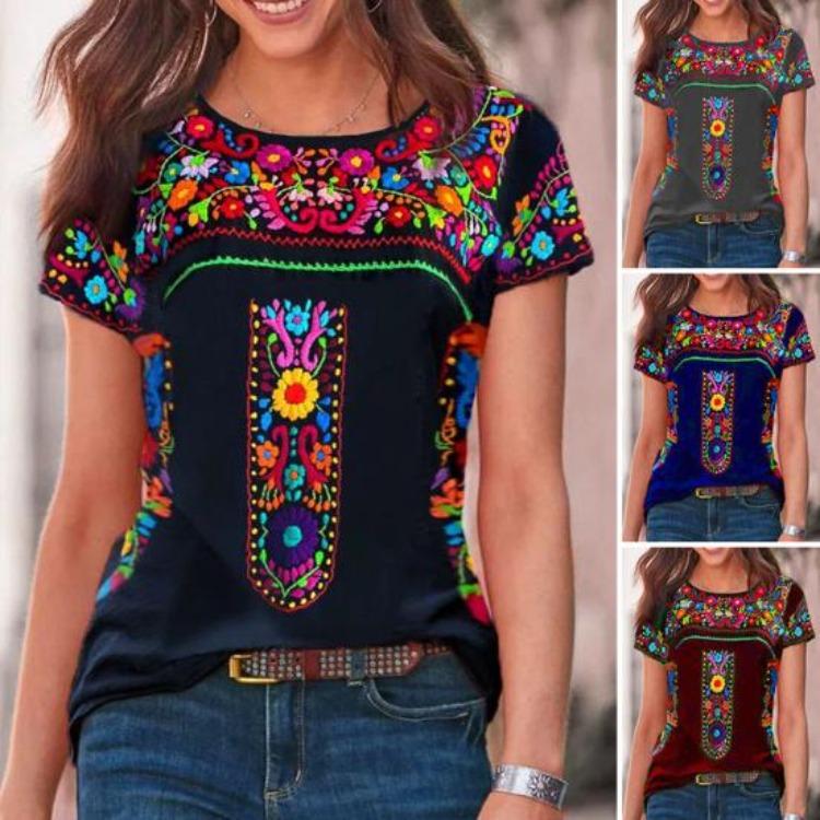 Women Vintage Boho Ethnic Floral Print Tee Shirt O Neck Short Sleeve Loose Fit T Shirt Workwear