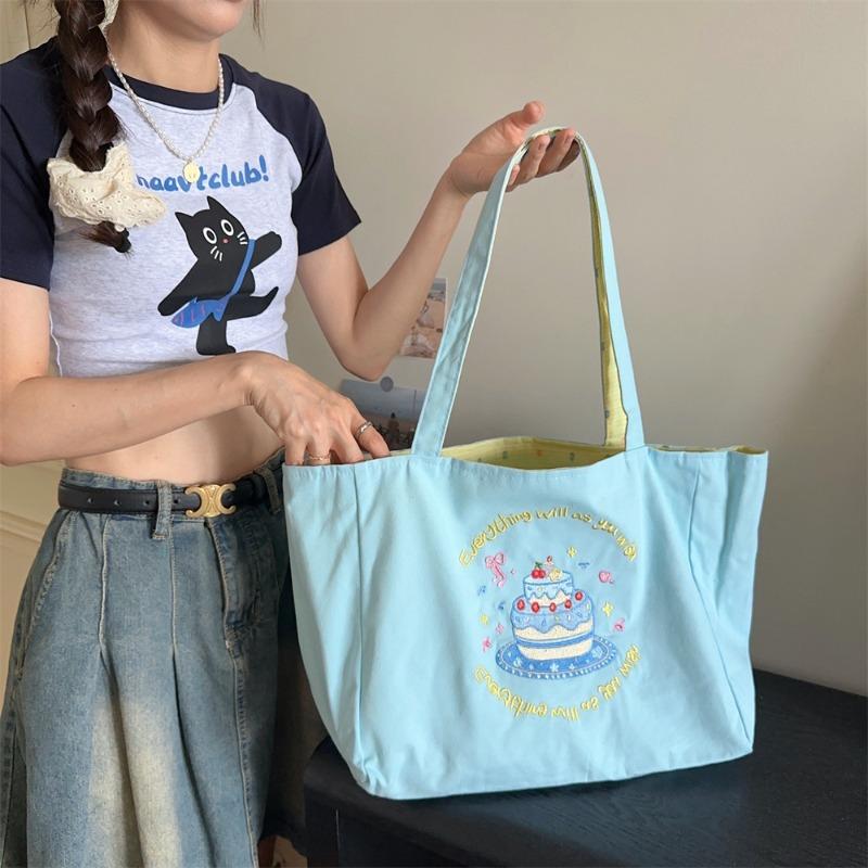 Fresh contrasting color dual-purpose shoulder large-capacity tote bag lazy wind embroidered canvas bag college student backpack