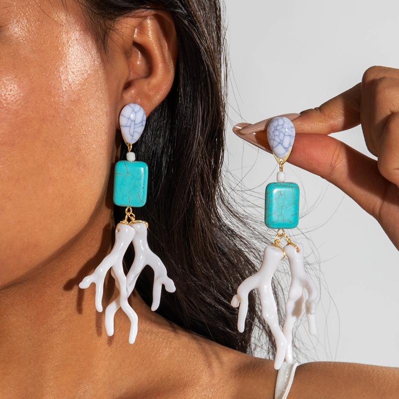 1Pair Bohemian Turquoise Earrings Geometric Acrylic Coral Shaped Earrings For Womens Trendy Jewelry Gift