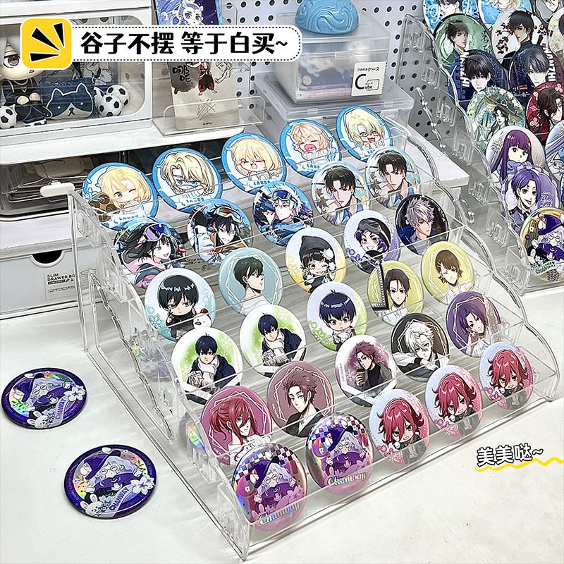 Badge Display Stand Acrylic, Tiered Transparent Collector Shelf for Pins & Anime Merchandise, Desktop Organizer Box