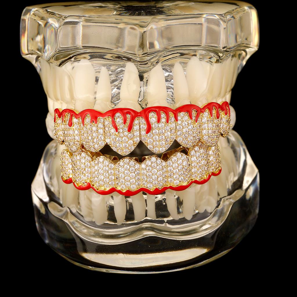 Iced Out Custom Flame Grillz Gold Plated Full Zircon Diamond Hip Hop Body Grillz for Halloween Party