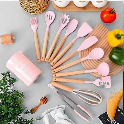 12-Piece Silicone Kitchen Tool Set: High-Temp Resistant Non-Stick Utensils with Wooden Handles, Includes Spatulas and Soup Ladle