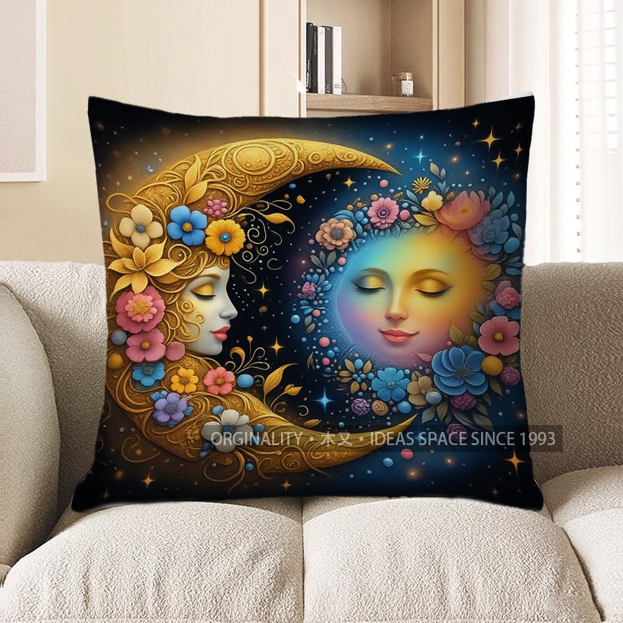 Home Decor Moon & Sun Floral Face Decorative Throw Pillow Pattern Cushion Cover Suitable For Sofa Bedroom Car Pillow Cover