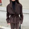 Damen Stehkragen Kunstwildleder Jacke Mit Gürtel Taille Ein Knopf Schößchen Langarm Herbst Winter Oberbekleidung