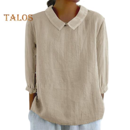Women Shirt Doll Collar 3/4 Sleeve Pullover Tops Solid Color Loose Fit Thin Shirt Tops Casual Daily Wear
