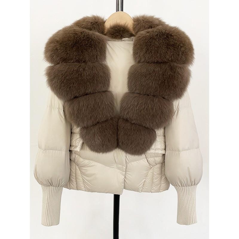 Womens Short Puffer Coat With Real Fox Fur Collar Winter Warm Down Jacket Loose Fit Small Stature