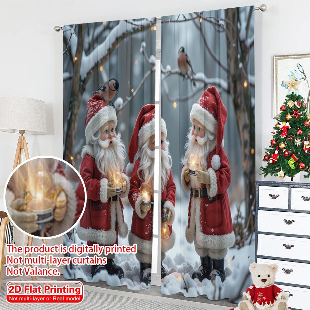 2pcs 2D Flat Printing Merry Christmas Party Curtains Winter Gnomes Forest Friends Lanterns Polyester Fabric Without Electricity