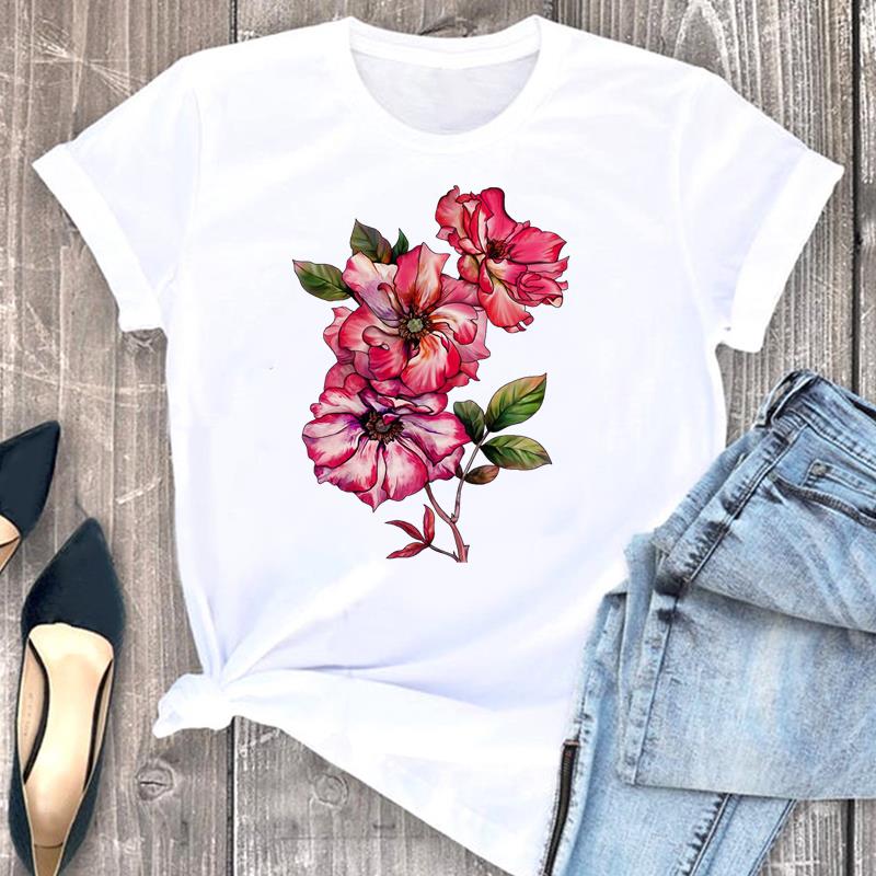 European size Tee Top Women T Shirt Woman Female Flower Trend 90s Lovely Cute Short Sleeve Clothing Print Fashion Graphic T-shirts