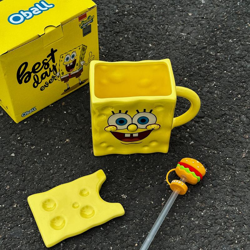 Cute SpongeBob SquarePants Straw Cup Ceramic Mug with Lid for Boys and Girls Birthday Gift Souvenir Gift Box