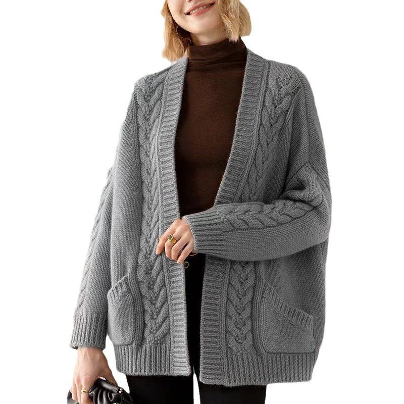 European and American V-neck Twist Sweater Women's Autumn and Winter Coat Wearing Lazy Wind Knitted Cardigan Top