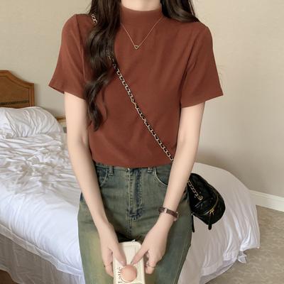 Camiseta de gola alta de manga curta para mulheres 2024 outono e inverno roupas femininas ajuste fino por dentro e top fino ombro direito na moda por fora